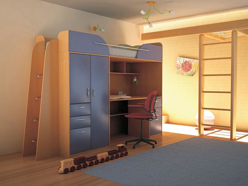 Детская кровать чердак со столом, шкафом и полками